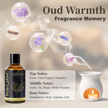 Oud Warmth Fragrance Oil Essential Oil, MAYJAM 3.38FL.OZ Oud Warmth Oil for Diffusers for Home, Long Lasting Scented Oils for Soap Candle Making - 100ML
