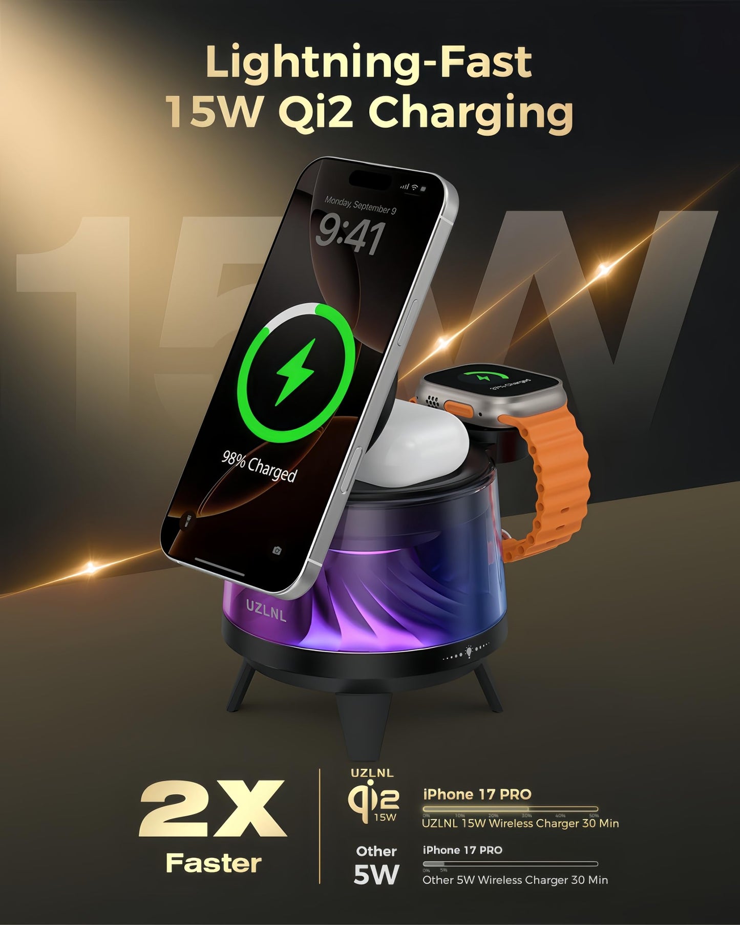 UZLNL 3 in 1 Wireless Charging Station for Apple Devices,Mag-Safe Charger Stand,Magnetic Wireless Charger Station,RGB Ambient Light,for iPhone 17 Pro Max 16 15 14 13 12,AirPods & Apple Watch Series