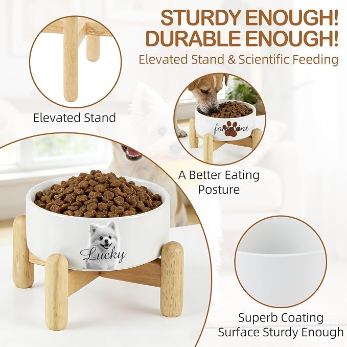 2 Pack Custom Ceramic Dog Bowl, Personalized Food & Water Dish with Photo Name, Cat and Dog Food Bowl with Wood Stand Non-Slip Matte Glaze Weighted