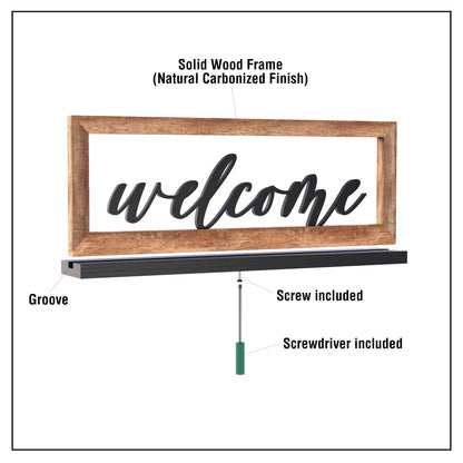 AquaChase Wooden Framed Welcome Table Sign, 13"x5" Rustic Freestanding Entryway Decor, Floating 3D Cutout Letters, Farmhouse Home Ornament for Shelves, Mantle or Windowsill