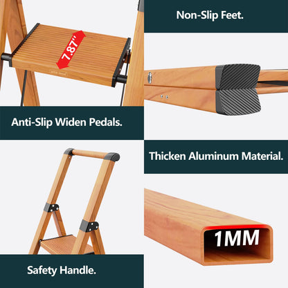 WOA WOA 4 Step Ladder, Ladders for Home, Anti-Slip Pedals, Aluminum Step Stool Foldable, Lightweight to Move, Ease of Storage, Reach 9ft for Closet Kitchen Library, Hold 300lbs - Wood Grain