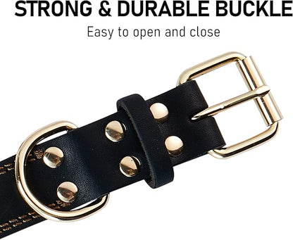 Leather Dog Collar, Heavy Duty, Wide, for Medium & Large Dogs, Single Stitch - Black