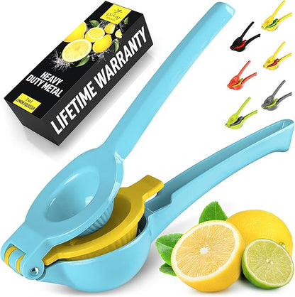 Zulay Metal 2-In-1 Lemon Squeezer Manual - Sturdy, Max Extraction Hand Juicer Lemon Squeezer Gets Every Last Drop - Easy to Clean Manual Citrus Juicer - Easy-to-Use Lemon Juicer Squeezer - Blue/Yellow