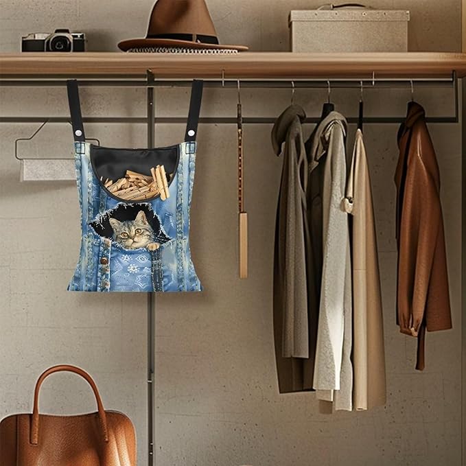 Cat Pin Bag with Hanging Rope, Laundry Hanging Bag, Fits Clothes Lines