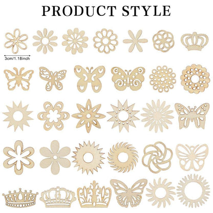 300Pcs Wooden Embellishments,Flower Butterfly Shape Wooden Cutouts Wooden Scrapbooking DIY Handmade Crafts Children Graffiti Home Decor Wooden Crown Pieces Discs Wood Slice Ornament Manual Accessories