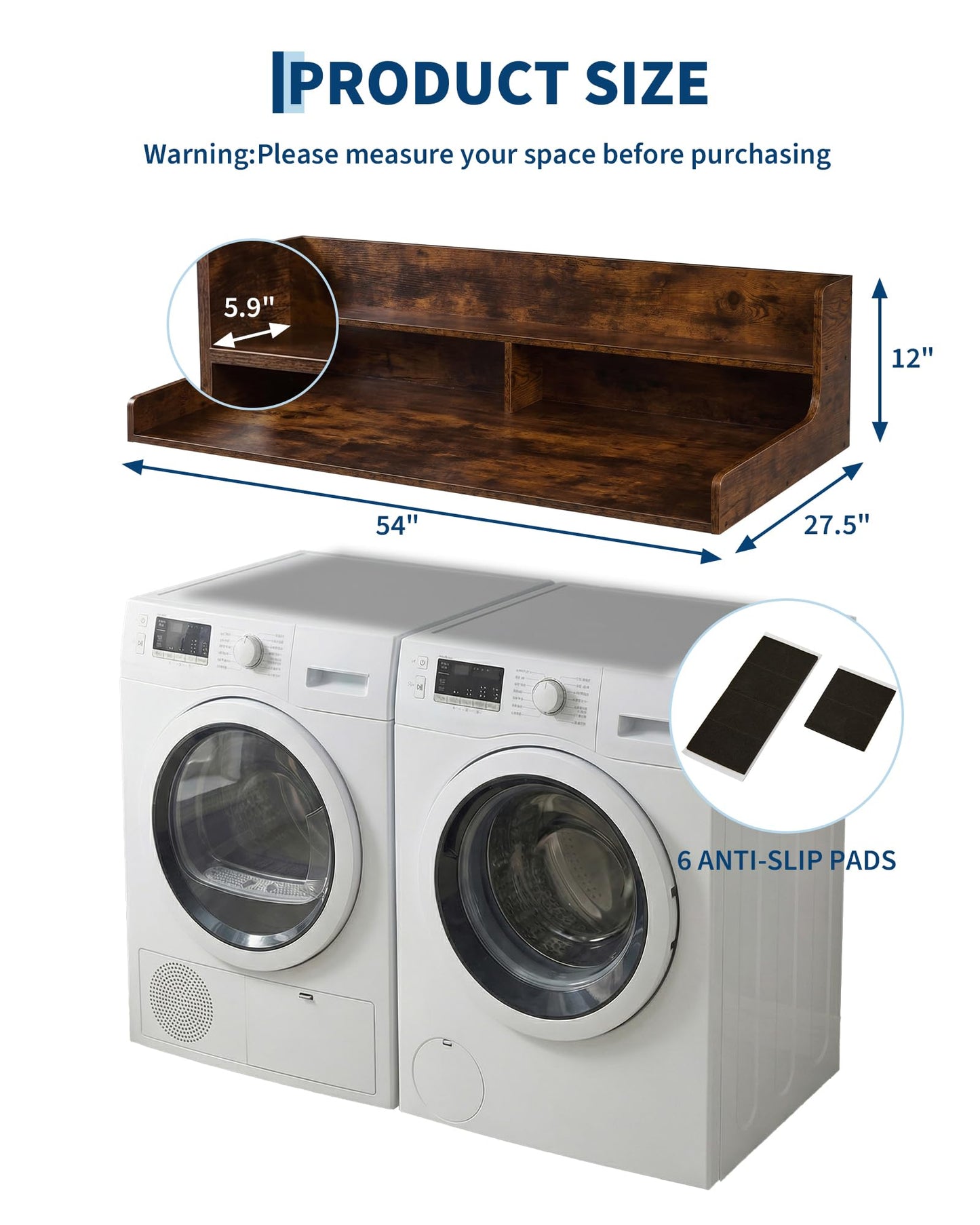 Garvee Laundry Shelf Over Washer and Dryer 54" x 27.5", Heavy Duty Wooden Countertop Topper with 12" Fences, Farmhouse Decor Organizer Table for Laundry Room - Walnut Finish