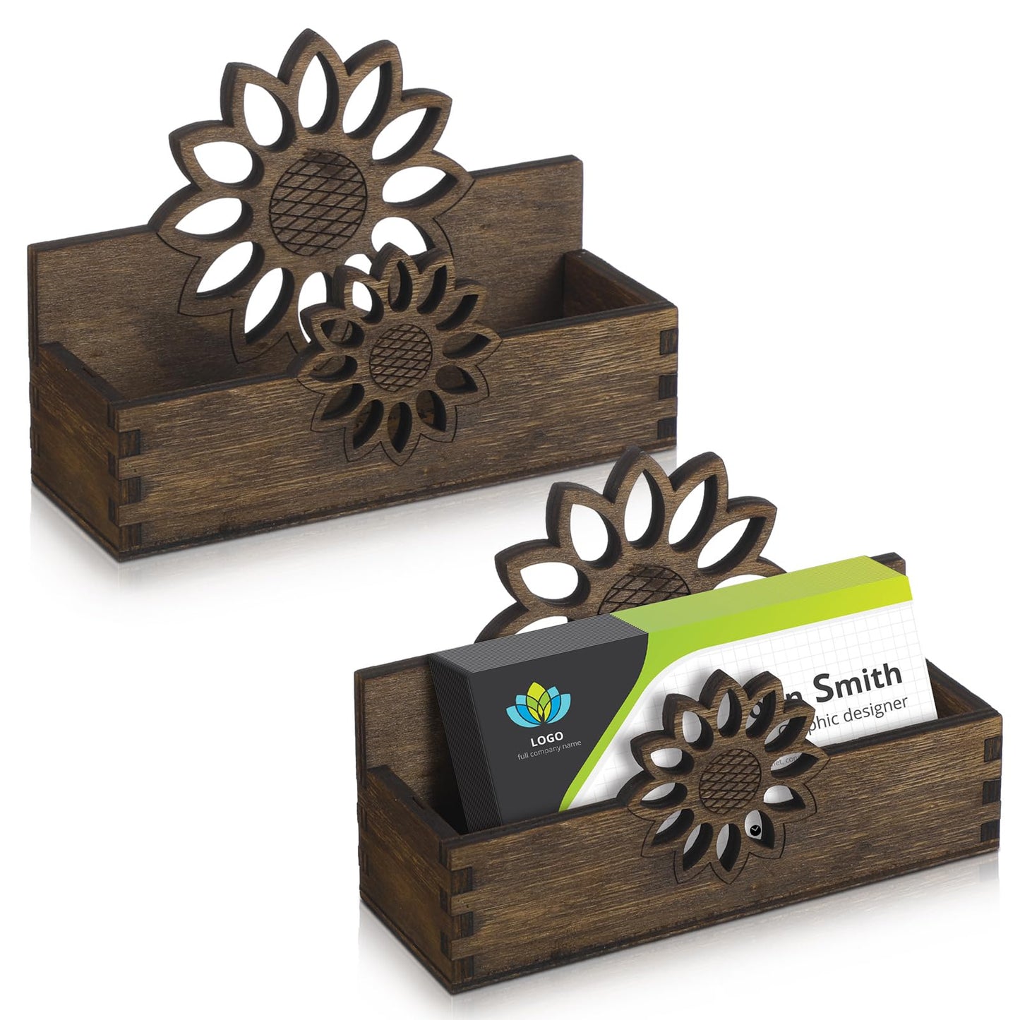 Tatuo 2 Pcs Dog Business Card Holder for Desk Wooden Business Card Stand Farmhouse Wooden Open Postcard Organizer Wood Display Stand for Office Home Desktop Tabletop Organizer(Sunflower)