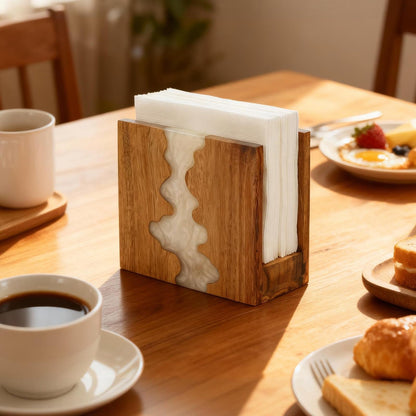 Acacia Wood Napkin Holder for table, Handmade Epoxy Resin Tissue Box Holder with Unique Wave Design & 3CM Sturdy Base for Kitchen Table, Dining Room Decor,counter tops or outdoors