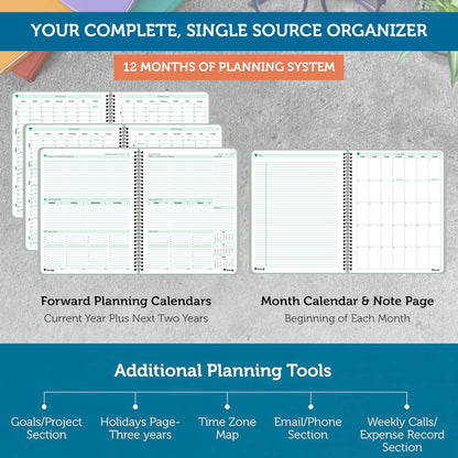 Planner Pad Spiral Bound July 2026 - June 2027 / Academic Year 6 3/4" x 8 1/2" Medium 3-Tier Funnel Down 12 Month Organizer, Greenish Grey Cover/Soft Green Ink