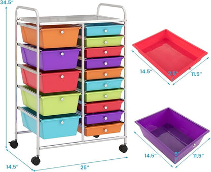 Giantex 15-Drawer Organizer Cart Office School Storage Cart Rolling Drawer Cart for Tools, Scrapbook, Paper (Multicolor)