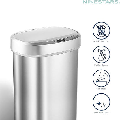 Ninestars DZT-50-49 Automatic Touchless Motion Sensor Oval Trash Can with Black Top, 13 gallon/50 L, Stainless Steel