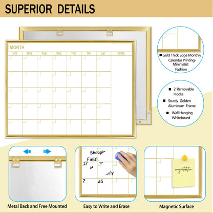 Marribol Golden Monthly Dry Erase Calendar Whiteboard for wall-16"X12" Portable Aluminum Frame,Magnetic Calendar White Board,Wall Planner Dry Erase Board for Office, Kitchen, School, Home-GG