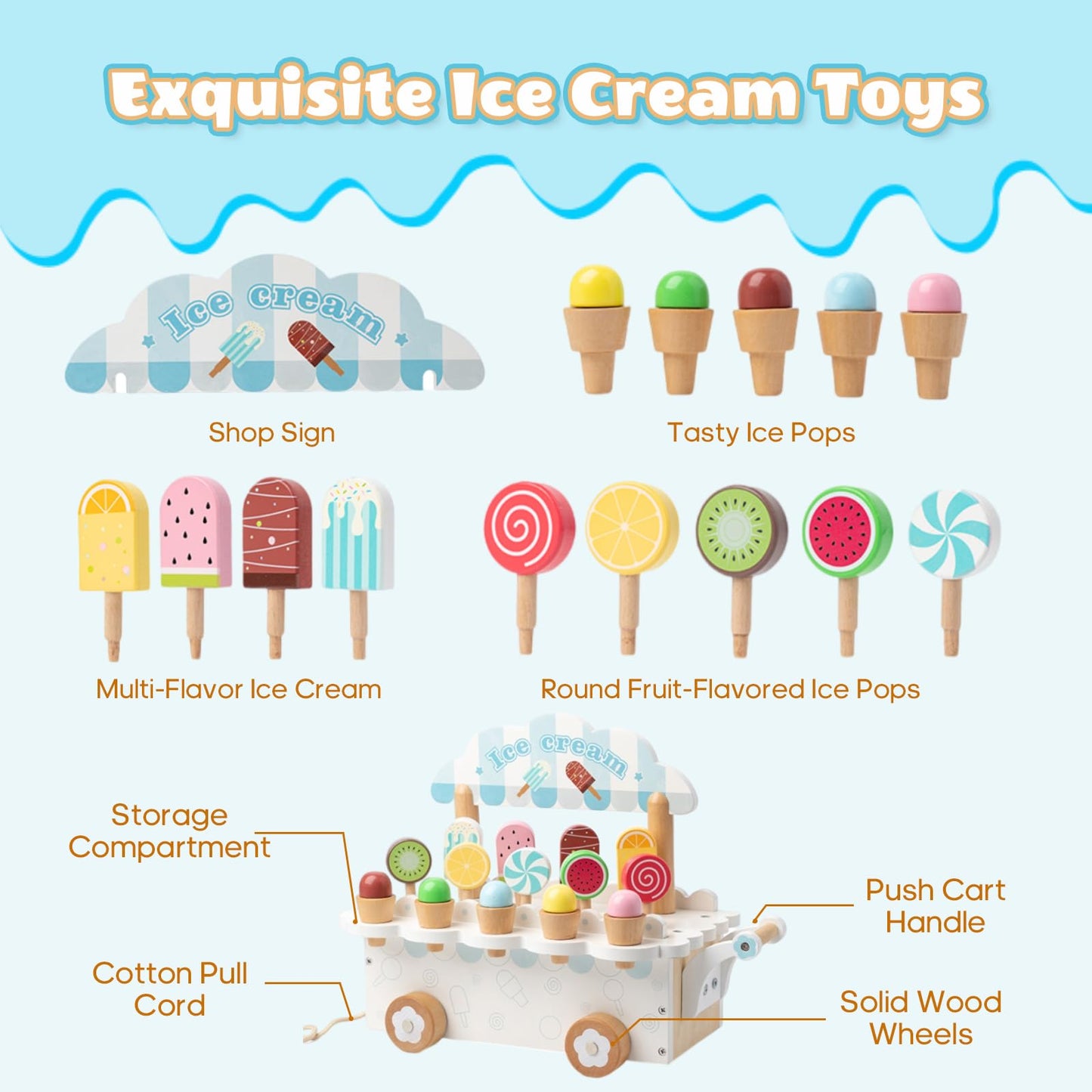 BROWNROOT Wooden Ice Cream Cart for Kids Pull Along Pretend Play Food Toys with Popsicles Ice Cream Cones ToyMontessori Role Play Toy Gift for Toddlers Girls Boys 3 4 5 Years Old