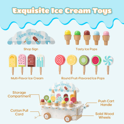 BROWNROOT Wooden Ice Cream Cart for Kids Pull Along Pretend Play Food Toys with Popsicles Ice Cream Cones ToyMontessori Role Play Toy Gift for Toddlers Girls Boys 3 4 5 Years Old