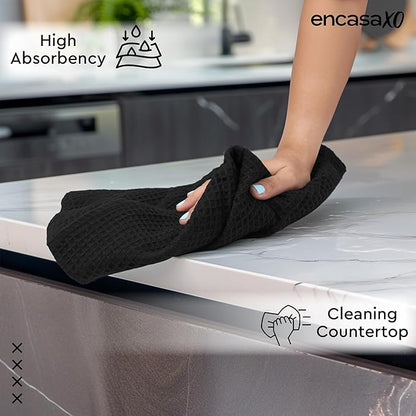 Encasa XO Kitchen Dish Towels Set | Black | Waffle Weave and Flat Hand Tea