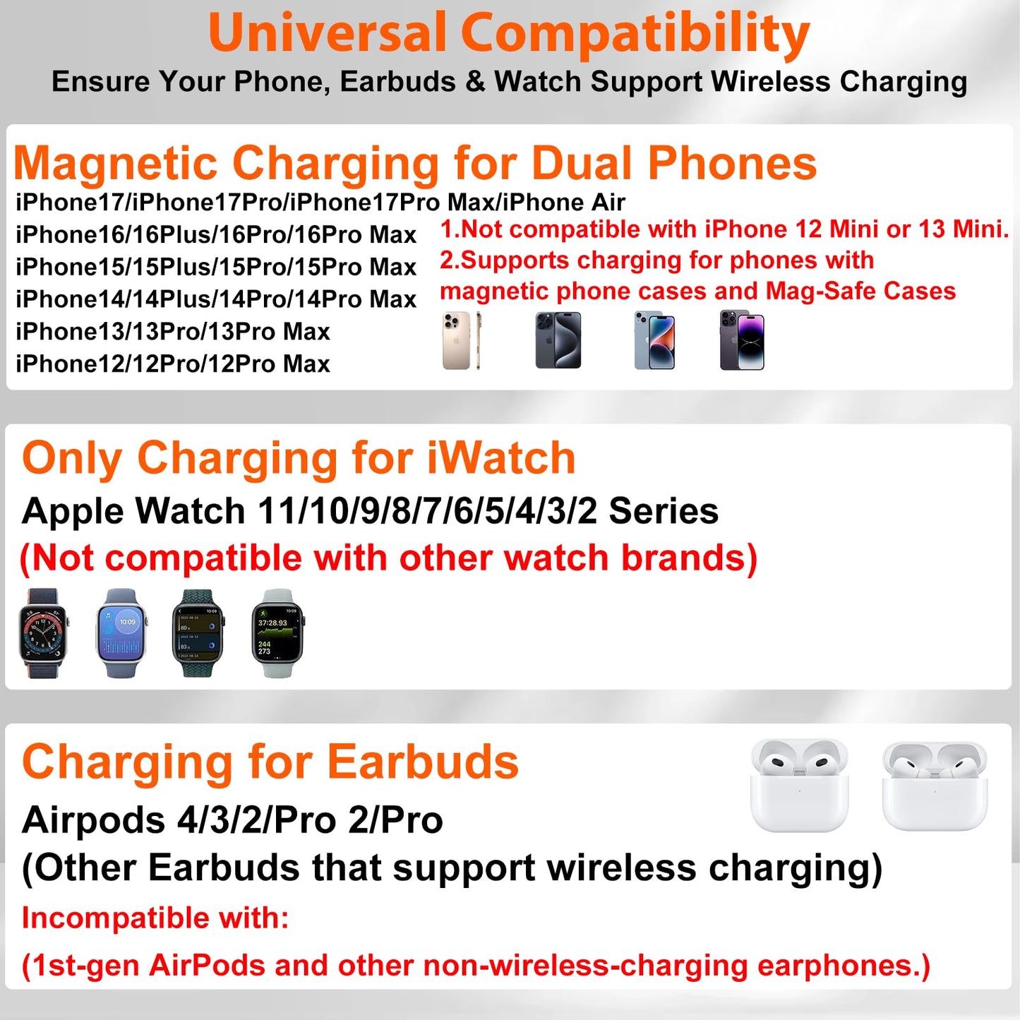 Dual Phone Magnetic Wireless Charging Station for Apple Devices/Apple Ecosystem,with Auto-Switch 7-Color Light & Clock, Compatible with iPhone 17/16/15, for iWatch 11/10/9 & AirPods Pro3（Cream