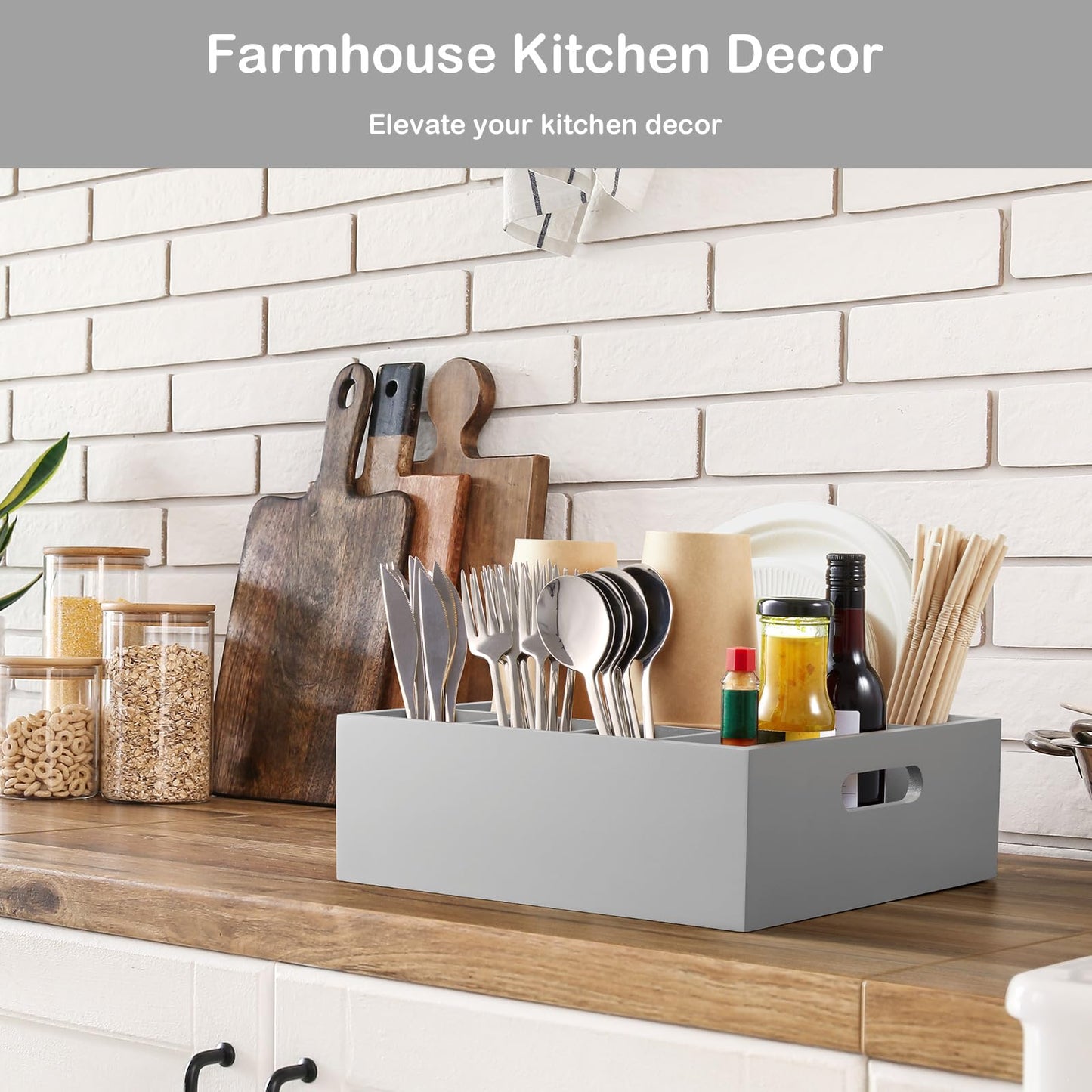 GCWSTJK Wood Utensil Holder for Party, 6-Compartment Paper Plate Organizer with Handles, Wooden Silverware Caddy for Picnic, Camping, BBQ, Buffet, and Kitchen Countertop Organization, Gray