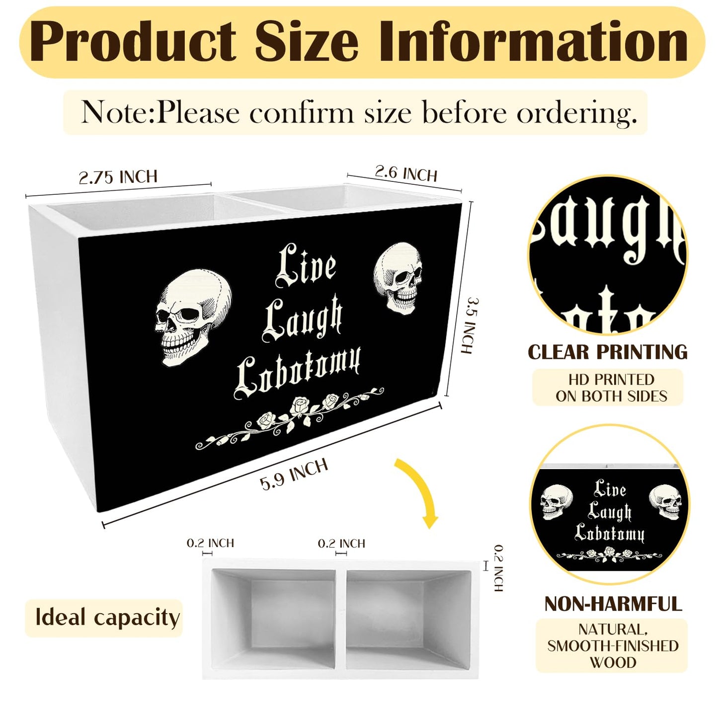 METNBASYY Dark Academia Gothic Skeleton Pen Holder for Desk, Funny Goth Skull Pencil Organizer, Live Laugh Lobotomy Dark Humor Wooden Box Sign Desk Decor for Home Office Decoration