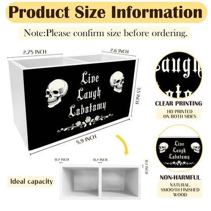 METNBASYY Dark Academia Gothic Skeleton Pen Holder for Desk, Funny Goth Skull Pencil Organizer, Live Laugh Lobotomy Dark Humor Wooden Box Sign Desk Decor for Home Office Decoration