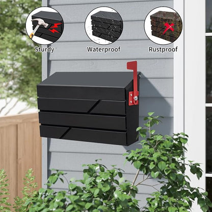 Wall Mount Mailbox for House Outside, Large Capacity Mailbox with Flag Drop Box, Galvanized Steel and Rust-Proof Metal Post Box, 15.74"x9.84"x4.33", Black, MD065