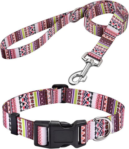 MarukoPet Dog Collar and Leash Set, Adjustable for Small Medium Large Dogs Puppy, Cute Design with Bohemia Floral Tribal Geometric Patterns Boys Girls Dog Collar(Pink Bohemia Set,L)