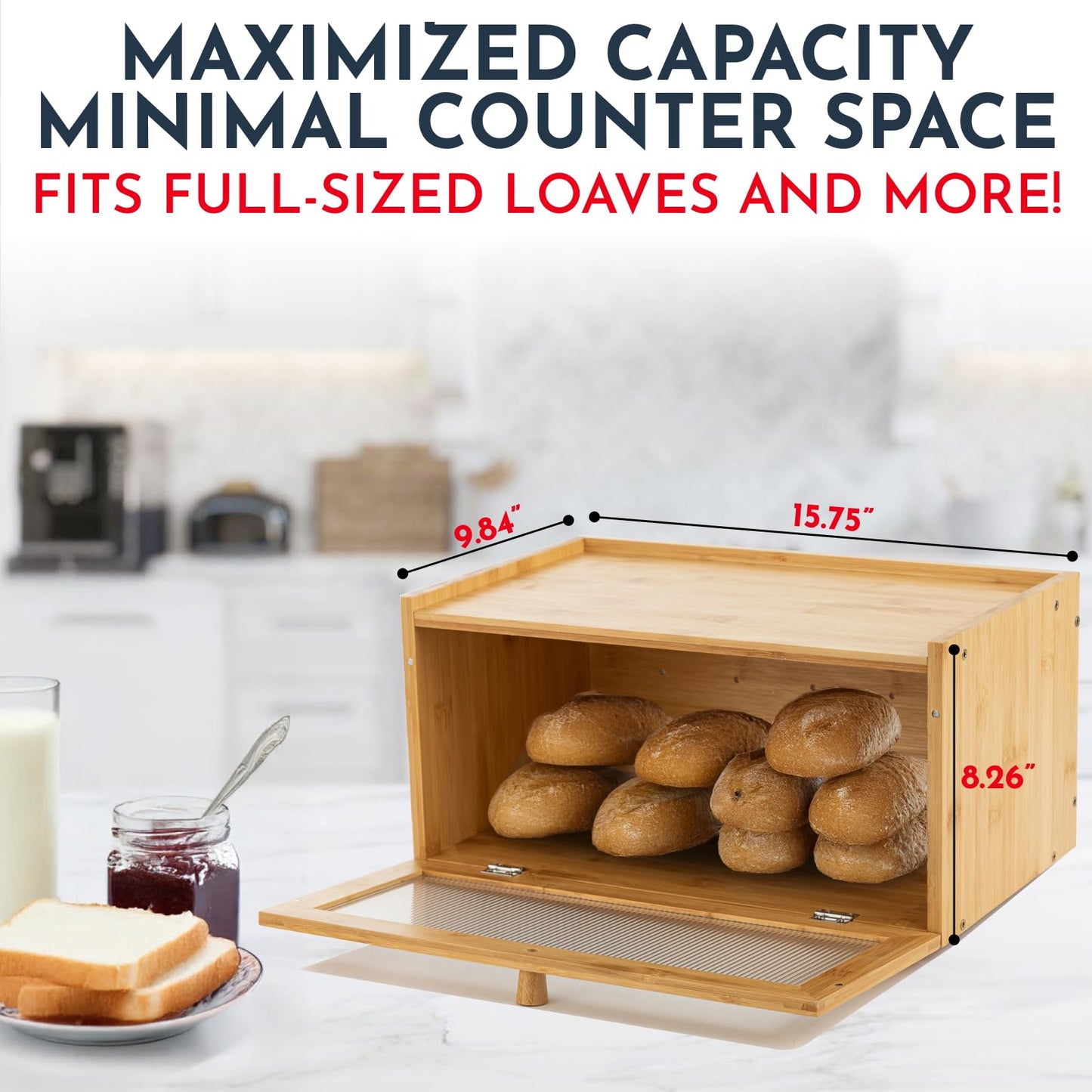 Culinary Couture Bamboo Bread Box for Kitchen Countertop - Large Capacity Storage BreadBox for Homemade Bread with Acrylic Window and Extra Top Storage