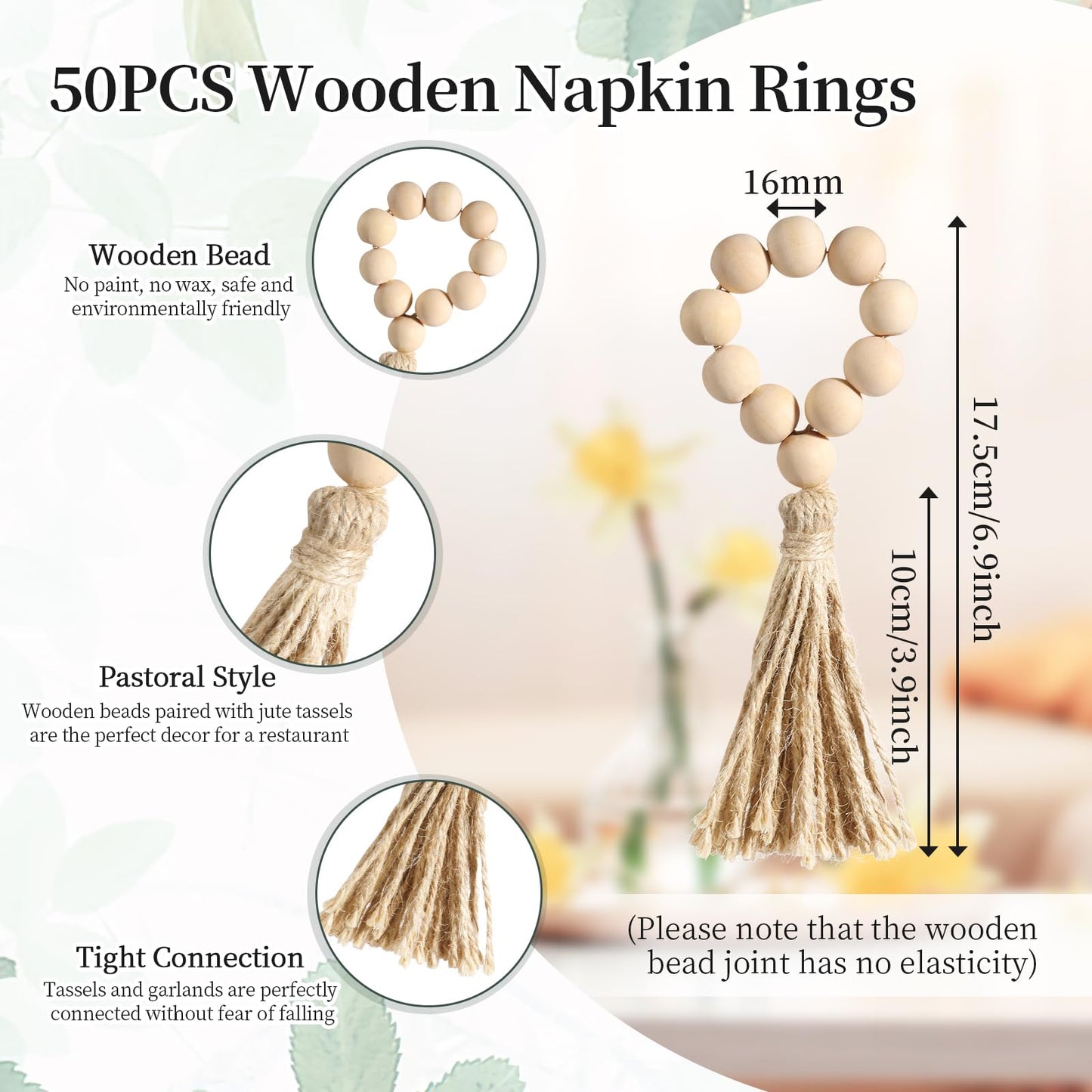 50 Pack Farmhouse Rustic Napkin Rings with Tassel Wood Bead Rings for Table Decor Boho Wedding Party Dining Spring Banquet