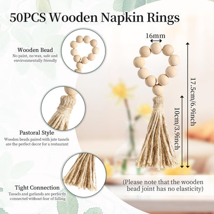 50 Pack Farmhouse Rustic Napkin Rings with Tassel Wood Bead Rings for Table Decor Boho Wedding Party Dining Spring Banquet