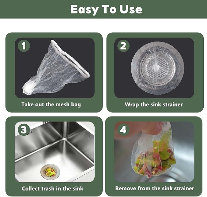 200 PCS Disposable Kitchen Sink Strainer Mesh Bags, Anti Clogging Elastic