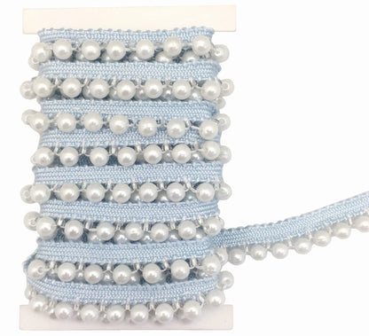 FQTANJU 2 Yards Faux Pearls Lace Ribbon Pearl Fringe Applique, DIY Craft Ribbon Pearl lace Trim for Wedding Party Decoration,Blue