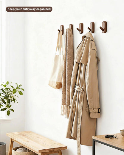 FCOWK Wooden Wall Hooks for Hanging - 4 Pack Heavy Duty Coat Hooks Wall Mount- Solid Walnut Wood Hat, Bag, Backpack & Towel Hooks - Modern Key Holder for Bathroom & Entryway (Dark Walnut)