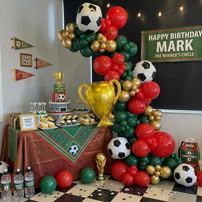 Red and Green Soccer Balloons, 12 Inch Green and Gold Soccer Balloons with 22" Soccer Foil Ball Gold Trophy Balloon for Boys Men Sports Theme Birthday Football Game Day Party Decorations Supplies