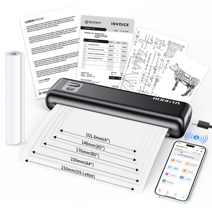 Rongta Portable Printer Wireless for Travel, Thermal Inkless Printers for 8.5"*11" US Letter, Compatible with Android iOS Smartphone, Mac Windows Laptop (Black, 1 Printer + 1 Roll Thermal Paper)