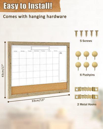 Dry Erase Calendar Whiteboard for Wall, Small Combination Magnetic Dry Erase White Board & Bulletin Board, 13" x 17" Rustic Brown Frame Calendar/Cork Combo Board(RB-3343)