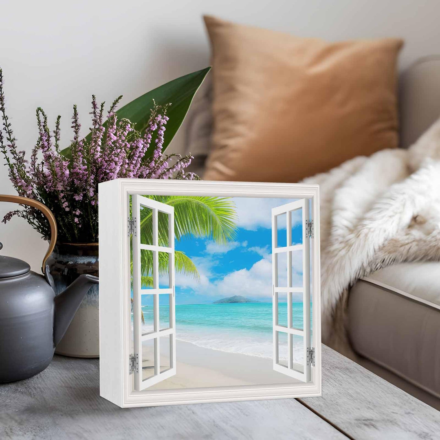 Blue Sky Beach Wood Box Sign Desk Decor, Coconut Trees Island Windows View Decorative Wooden Block Box Sign Decorations for Home Office Shelf Table Decor 6x6 Inches
