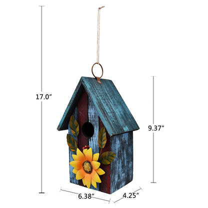 Wood Decorative Bird House for Outside Hanging Hummingbird House, Wooden Hand Painted Small Bird House Outdoors Garden Décor, Hanging Bird House for Finch Bluebird Wren Chickadee (Blue)