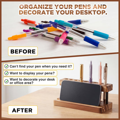 Tenceur 2 Pack Wooden Pen Holder for Desk Pencil Desk Organizer with Phone Stand and 9 Slot Dual Burned Charcoal Finish Display Stand for Fountain Pens Office and Home Stylish Office Table Decor
