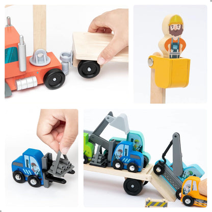 umu Construction Toy Cars 14 PCS Wooden Kids Mini Vehicles for Toddlers, Compatible to Thomas Train Toys Railway and Major Brands, Best for 3 to 5 Year Old Boys and Girls