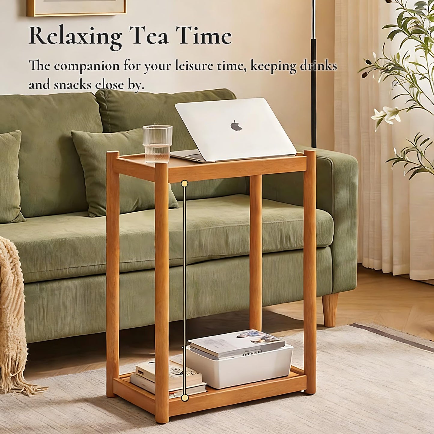 Cttasty Side Table, Solid Wood Narrow End Table with Storage Shelf and Wheels, 2-Tier Sofa Table for Living Room, Rubber Wood Indoor Plant Stand, 26.8 H x 11.8 W x 19.7 D Inches (Natural)