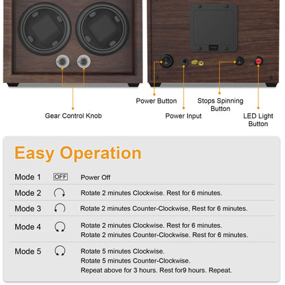 Domivans Watch Winder for Automatic Watches,8 Wooden Watch Rotating Case with LED Light,4 Rotation Modes, Elastic Watch Pillows Quiet Mabuchi Motor