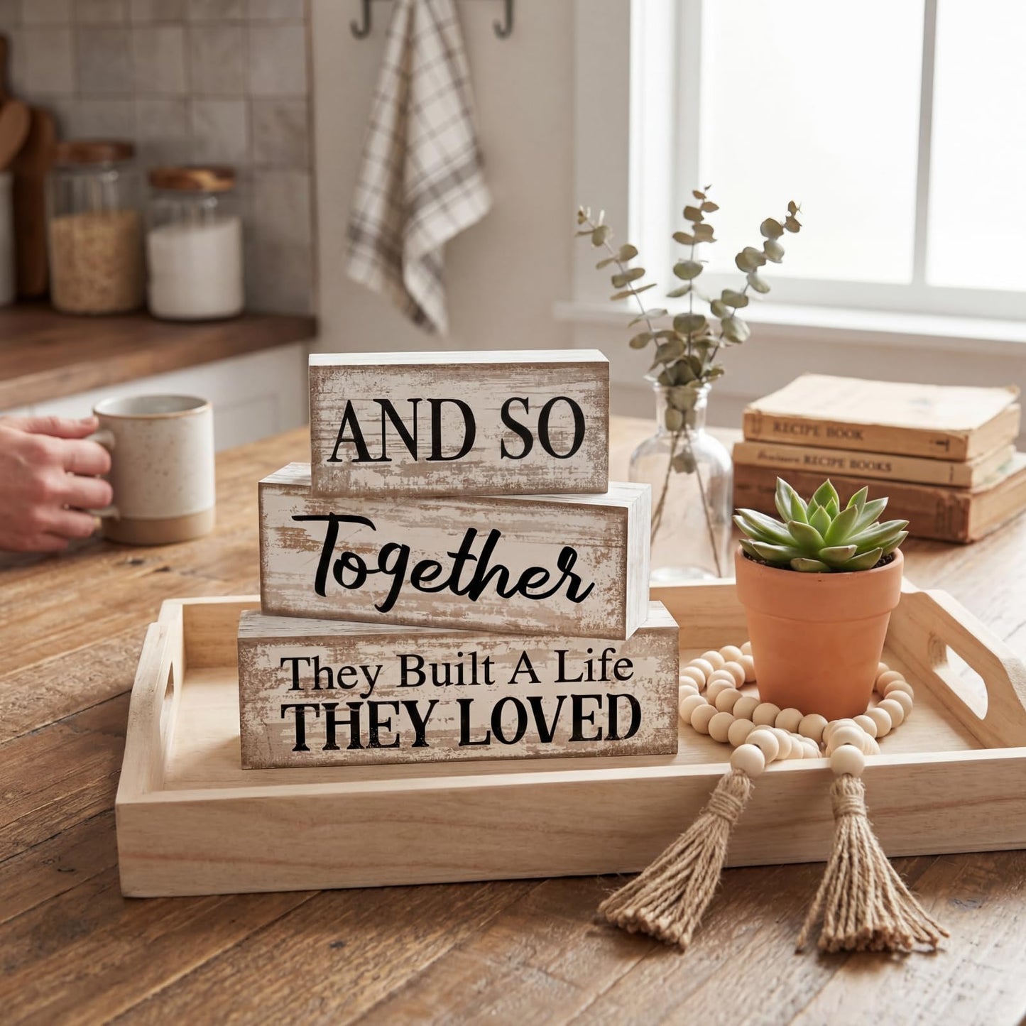 4 Pcs Farmhouse Home Decoration Wooden Tabletop and So Together They Built a Life They Loved Decor Motivational Tiered Tray Decor Rustic Block Sign Retro Bead Garland Table Centerpiece for Shelf Desk