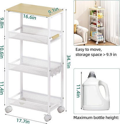 Utility Slim Storage Cart, 4 Tier Rolling Cart with Wheels, Laundry Shelves with Wood Top, Narrow Cabinet for Bathroom Organization, Small Organizer for Kitchen, Office and Dorm (White, 9.1'')