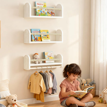 OurWarm Nursery Book Shelves for Wall Set of 3, White Natural Wood Nursery Floating Shelves with Towel Bar, Wall Mounted Floating Bookshelves for Baby Room Kids Room Living Room Storage and Decor