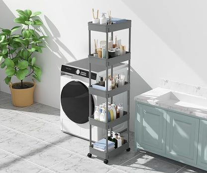 Sooyee 5-Tier Plastic Rolling Utility Cart with Wheels, Multi-Functional Storage Trolley for Office, Living Room, Kitchen, Movable Storage Organizer with Wheels,Grey