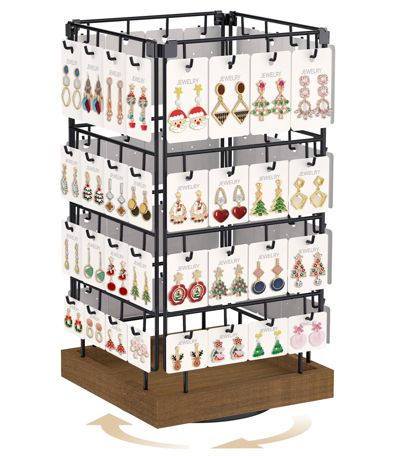 MODOWEY 360 Rotating Earring Cards Organizer Holder Stands for Selling Vendors, 64 Hooks Jewelry Display Tree, Large Capacity Storage Wood Rack Tower Women Dresser Stud Pierced, Brown