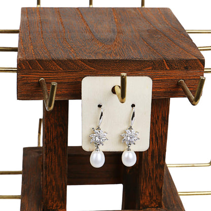 Ikee Design Elegant Wooden Rotating Jewelry Tower, 36 Hooks for Earrings, Bracelets, and Keychains, Versatile Countertop Rack for Store, Tradeshow, and Home, Brown Color