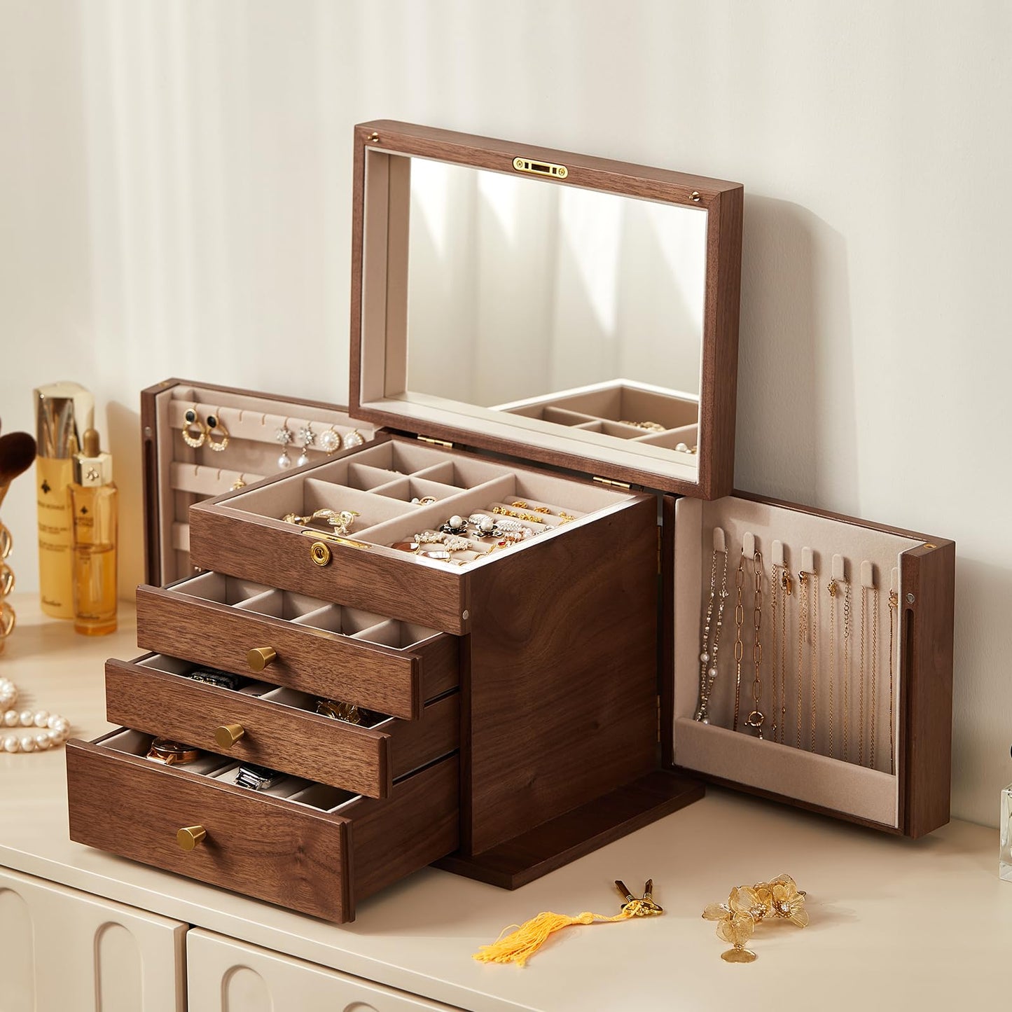Homruilink Black Walnut Wooden Jewelry Box and High End Glass Jewelry Box Christmas Gifts For Women