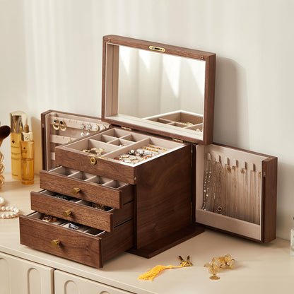 Homruilink Black Walnut Wooden Jewelry Box and High End Glass Jewelry Box Christmas Gifts For Women