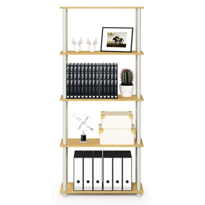 Furinno TURN-N-TUBE Storage Shelves, 5-Tier Book Shelf, Corner Shelf, Toolless Open Shelves, for Organization and Storage, Living Room, Garage, Home Office, Beech