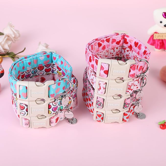 DOGWONG Valentine's Dog Collar - Blue Heart Adjustable Cotton Heart Dog Collar - Perfect for Medium & Large Dogs